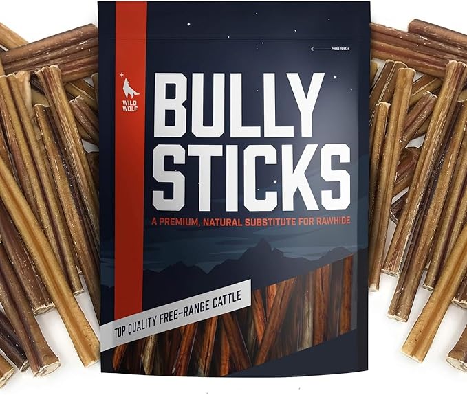 Wild Wolf 6-inch Angus Bully Sticks (8oz./~9-11 Sticks) Healthy, All-Natural, Long-Lasting Dog Chew Bones - Low Odor - Mixed Thickness - Lab-Tested, Hand-Inspected and Packed with Love in The USA