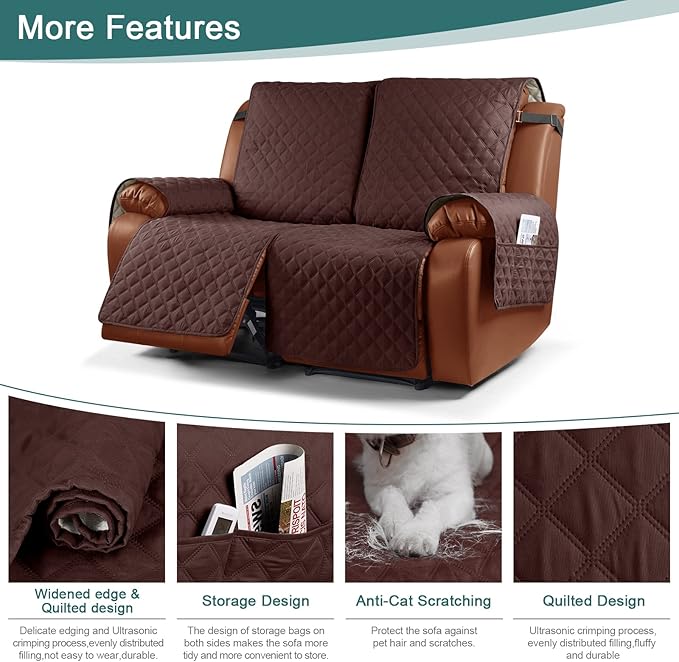 Ruaozz Waterproof Recliner Sofa Cover 1-Piece Couch Covers for Reclining Couches Reclining Sofa Cover Washable Furniture Protector with Elastic Straps Pocket for Kids, Pets (Coffee, 2 Seater)
