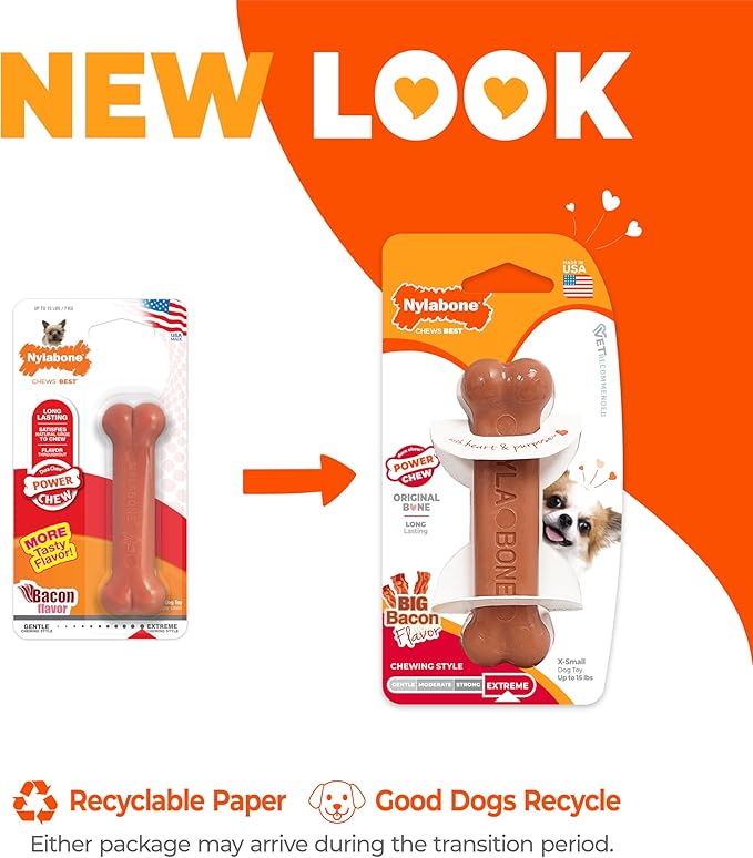 Nylabone Power Chew Classic Bone Chew Toy for Dogs, Durable Dog Toys for Aggressive Chewers, Bacon Flavor, X-Small/Petite - Up to 15 lbs. (1 Count)