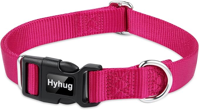 Hyhug Pets Solid Color Classic Regular Heavy Duty Basic Collar for Large Dogs, Unique Design Adjustment Triglide Slide (Buckle) Can Attached Name Tag Accessories. (Large, Rose Red)