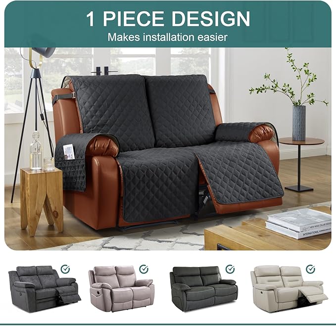 Ruaozz Waterproof Recliner Sofa Cover 1-Piece Couch Covers for Reclining Couches Reclining Sofa Cover Washable Furniture Protector with Elastic Straps Pocket for Kids, Pets (Black, 2 Seater)