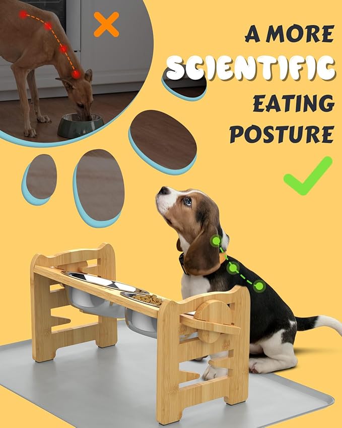 Elevated Dog Bowls, Adjustable Raised Dog Bowl Stand for Small Size Dogs and Cats, Durable Bamboo Dogs Feeder with 2 Stainless Steel Bowls and Non-Slip Feet, Pet Food Bowl with Mat