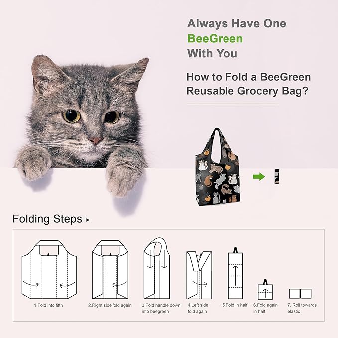 BeeGreen Gifts for Cat Lovers 6 Pack Cats Reusable Grocery Bags with Elastic Band Reusable Shopping Bags Bulk 50LBS X-Large Foldable-Machine Washable-Heavy Duty Kitten Bags
