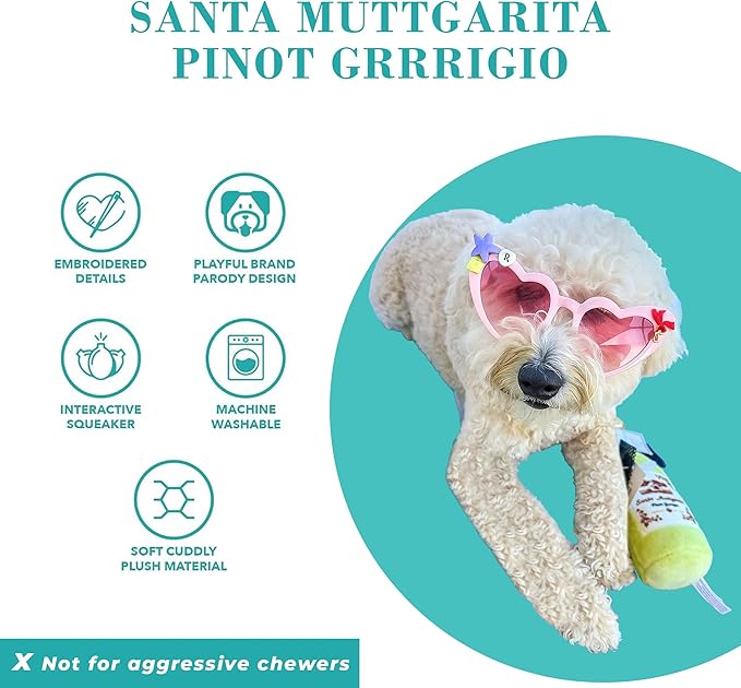 Haute Diggity Dog Santa Muttgarita Pinot Grrrigio Plush Dog Toy for Small, Medium & Large Dogs, Interactive Funny Parody Squeaky Toys, Soft, Durable, Machine-Washable & Safe Birthday Gift for Dogs