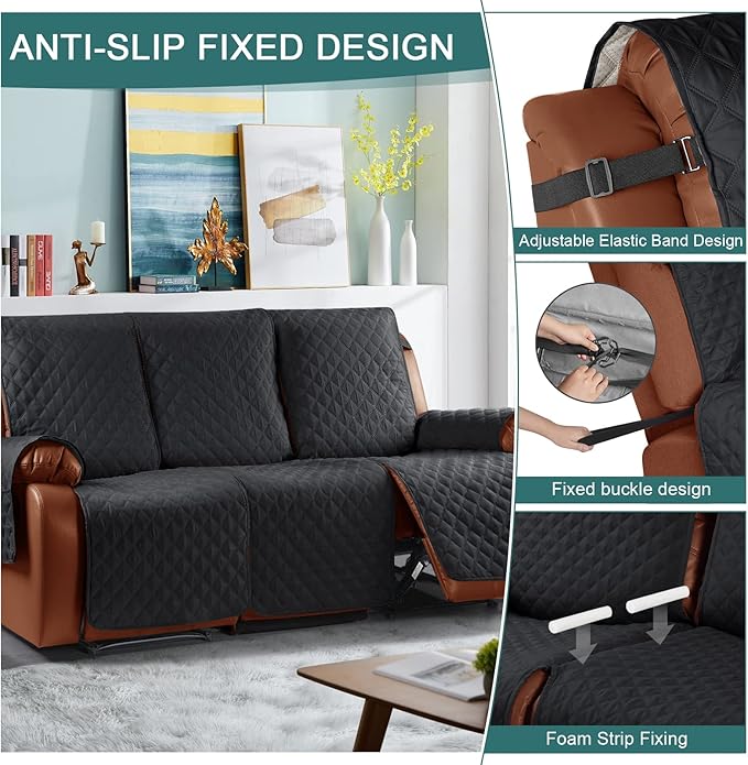 Ruaozz Waterproof Recliner Couch Covers 1-Piece Sofa Covers Washable Recliner Covers Non-Slip Furniture Protector with Elastic Straps Pocket for Kids, Pets(Black, 3 Seater)