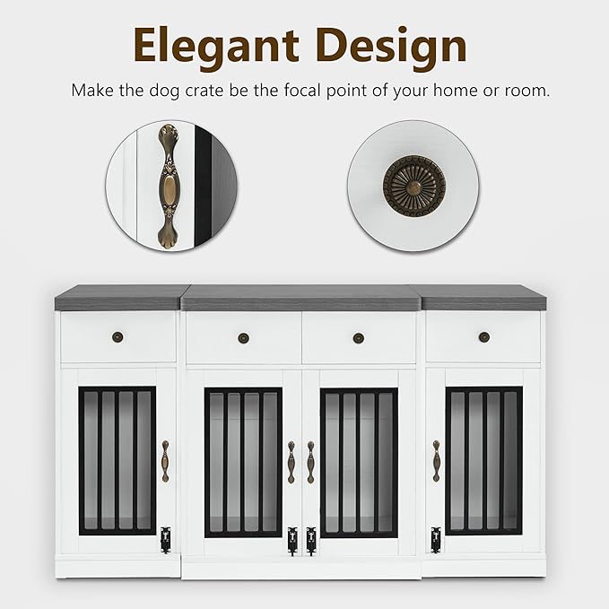 MCombo Wooden Dog Crate Furniture with 4 Drawers and 4 Lockable Doors, Pet Kennel TV Stand for Medium/Large Dogs 1872 (White and Grey)