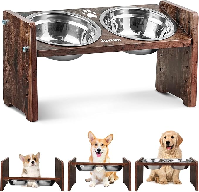 Elevated Dog Bowls, Adjustable Raised Dog Bowl Stand for Small Size Dogs and Cats, Durable Bamboo Dogs Feeder with 2 Stainless Steel Bowls and Non-Slip Feet, Pet Food Bowl for Small Sizes