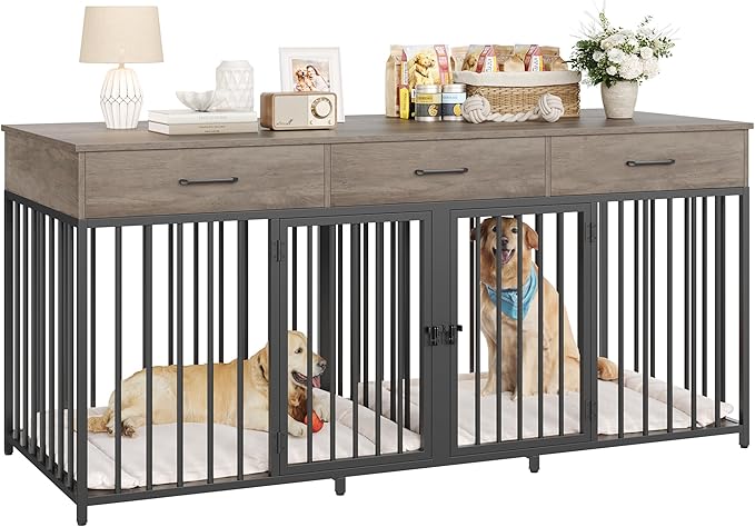 HOSTACK Double Dog Crates Furniture, 71" Wide Indoor Dog Kennel with 3 Drawers, Farmhouse Dog Cage for 2 Large/Medium Dogs, Heavy Duty Dog Crate with Removable Divider, Wooden Pet House, Ash Grey