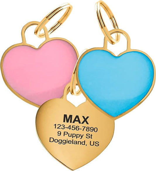 Custom Heart Shape Pet Tag ID, Personalized Gold Stainless Steel Cute Shiny Safety Lost Collar Tag for Boy & Girl Dogs Puppies Cats with Ring Laser Engraved SOS Customizable with Name, Phone, Address