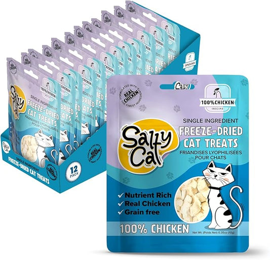 Salty Cat Freeze Dried Cat Treats, 100% Real Chicken Breast Dried Cat Food for Freshness, Single Ingredient & Grain Free Kitten Treats, Nutrient Rich, 10g (12 Pack)