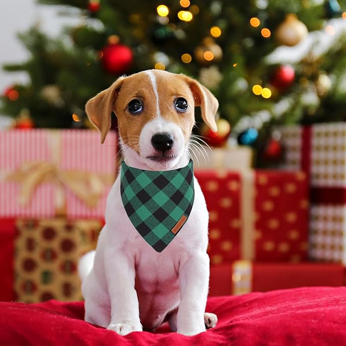 ADOGGYGO Christmas Dog Bandanas 2 Pack, Premium Cotton Fabric, Multiple Sizes Offered, Red Green Plaid Bandanas for Small Medium Dogs (Small, Xmas)