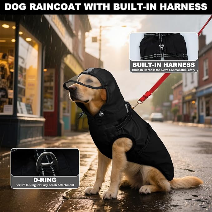 Dog Raincoats for Large Dogs with Hood, Waterproof Dog Rain Jacket with Adjustable Built-in Harness & Back Zipper, Reflective Strip, Removable Hood,for Rainy Walks, Muddy Roads - Black XXXL