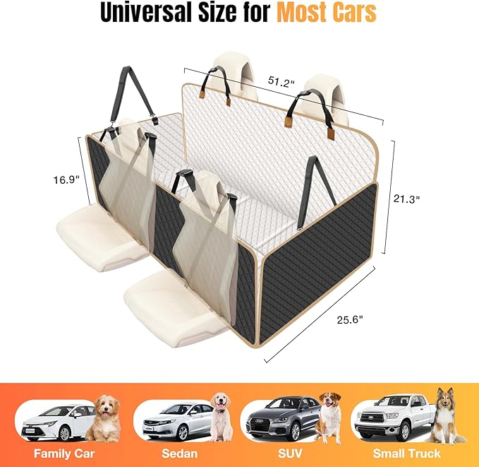 Dog Car Seat Cover for Back Seat, Dog Car Bed Cover with Strong Hard Bottom, Back Seat Extender Hammock for Cars SUV Truck 4 Panels Beige Color