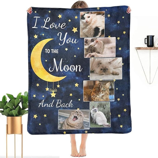 Custom Blanket with Photo, Personalized Love You to The Moon and Back Blankets Gifts with Picture for Family Mom Dad Friends Lover Pets for Birthday Wedding Christmas