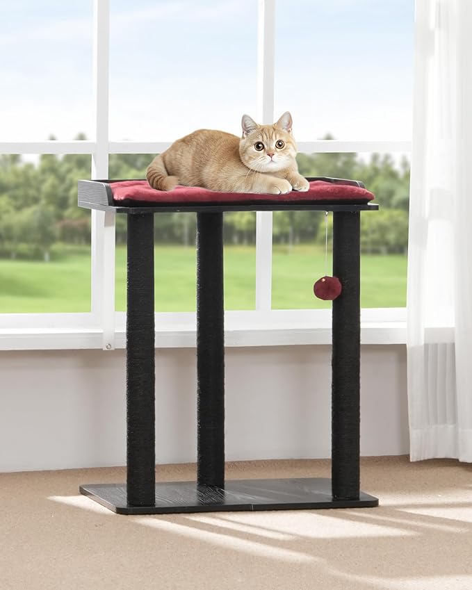 FourFurPets 26.7in Large Cat Tree Tower Condo, Cat Scratch Posts for Indoor Cats, Big Plate, Three 23.6in Full Sisal Scratching Posts, Black&Red