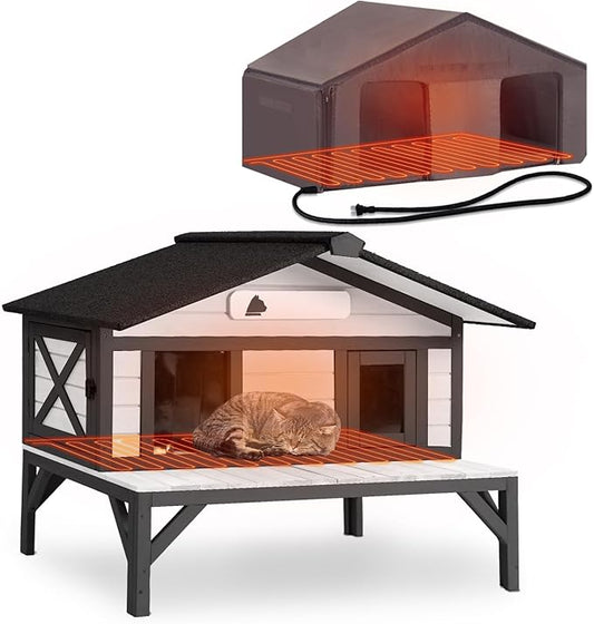 GUTINNEEN Heated Cat House for Outside Large Insulated Cat House Outdoor Weatherproof Feral Cat Shelter with Heated Pad, Insulated All-Round Thermal Liner, Chewproof Cable for Multiple Cats in Winter