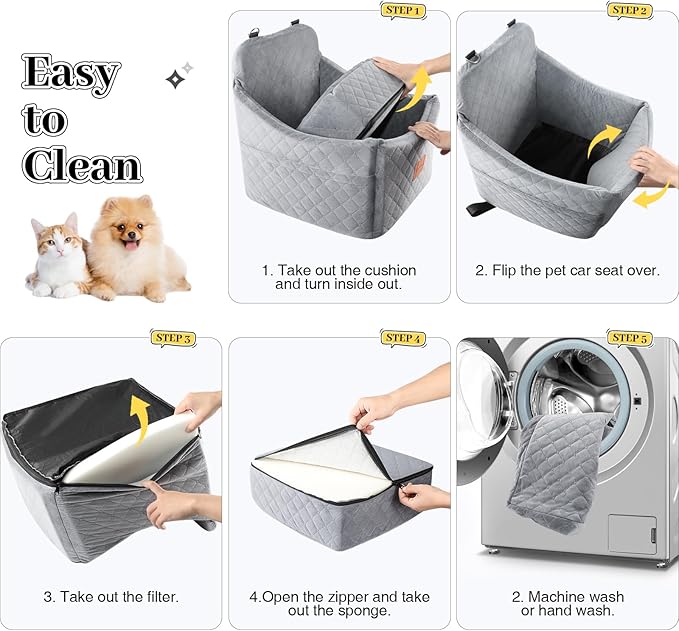 Dog Car Seat for Small/Medium Dogs up to 35 lbs, Memory Foam Pet Booster Seat with Detachable Washable Cover, Portable Pet Bed for Cars with Safety Belts and Storage Pockets(Grey, Medium)