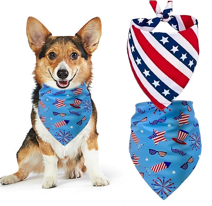 4th of July Bandanas 2 Pack, Triangle Reversible American Flag Pet Patriotic Scarf Bids for Boy and Girl, Holiday Bandana for Small Medium Large Dogs Puppy
