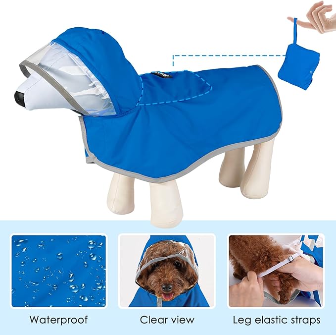 Lukovee Dog Raincoat, Adjustable Dog Rain Jacket with Clear Hooded Double Layer for Large Medium Small Dogs Puppies, Waterproof Rain Coat Poncho with Reflective Storage Pocket & Rim (BL,M)