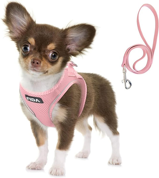 Fida Comfy Dog Harness with Leash, Soft Puppy Vest Escape Proof, Breathable Lightweight Soft Mesh, Adjustable Reflective Step-in Harness for Small Dogs Walking (S, Pink)