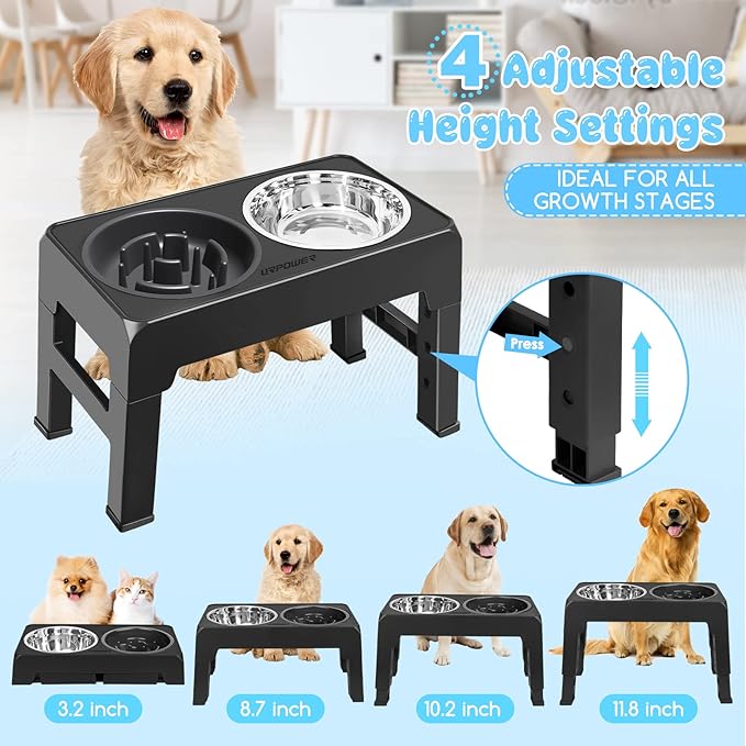 URPOWER Raised Slow Feeder Dog Bowls 4 Height Adjustable Elevated Bowl Stand with Stainless Steel Water Bowl and Slow Feeder Non-Slip Dog Food Bowls Stand for Small Medium Large Dogs and Pets