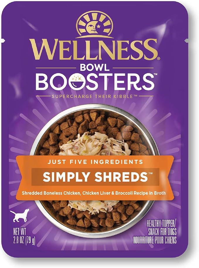 Wellness Bowl Boosters Simply Shreds Wet Dog Food Topper for Small, Medium, & Large Breeds, Grain Free, Natural, Chicken Liver & Broccoli, 2.8 Ounce Pouch (Pack of 12)