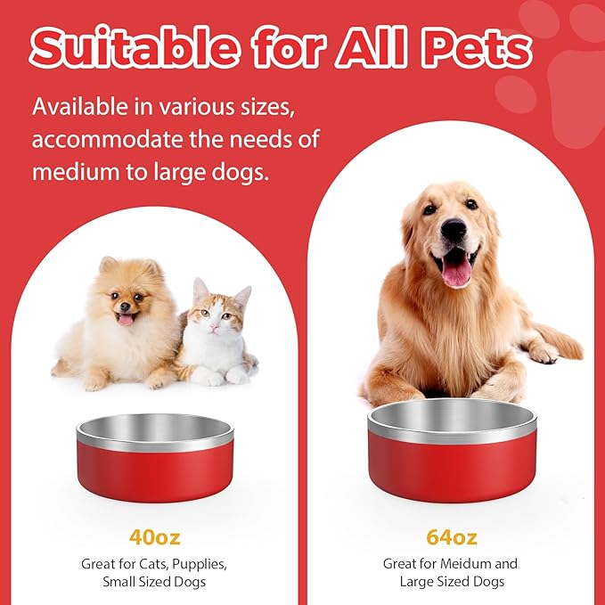 LIANLAI Stainless Steel Dog Bowls, Rust-Resistant Pet Bowls, Non Slip Dog Water Bowl, Versatile Feeding Bowls (Red，64 oz)