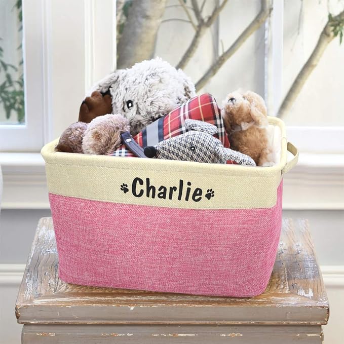 PET ARTIST Collapsible Pet Toy Storage Basket Bin - Personalized with Pet's Name, Rectangular Storage Box Chest Organizer for Toys, Coats, Clothing & Accessories, Pink