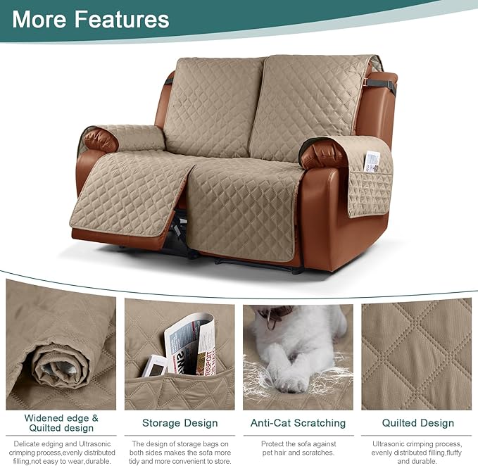 Ruaozz Waterproof Recliner Sofa Cover 1-Piece Couch Covers for Reclining Couches Reclining Sofa Cover Washable Furniture Protector with Elastic Straps Pocket for Kids, Pets (Khaki, 2 Seater)