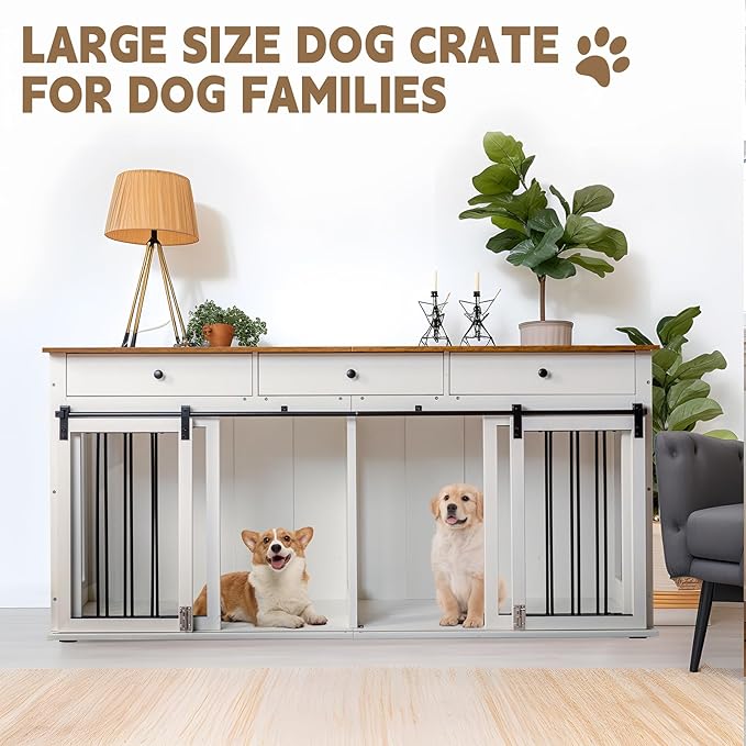 Sunseen Dog Crate Furniture for 2 Dogs,Wooden Double Dog Crate with Divider & 3 Drawer,Heavy Duty Large Breed Dog Kennel Furniture TV Stand End Table for Small Medium Large Dog (White)