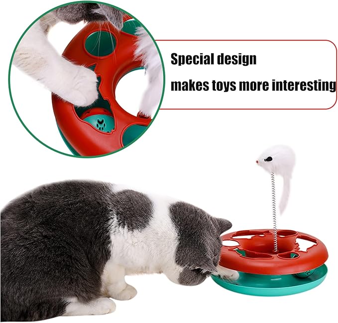 Pawzone Cat Toys, Cat Toys for Indoor Cats,Interactive Kitten Toys Roller Tracks with Catnip Spring Pet Toy with Exercise Balls Teaser Mouse (red)