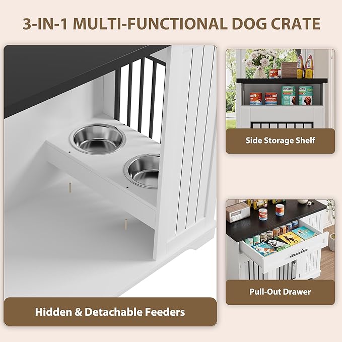 Furniture Style Dog Crate for Large Dogs, 44 Inch Heavy Duty Wooden Dog Kennel Furniture with Drawer & Side Storage and Bulit-in Feeding Station,White Set of 2