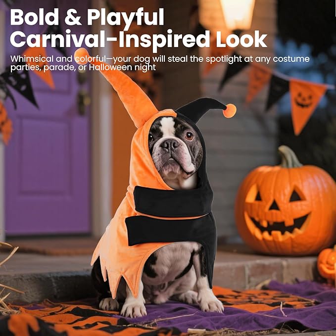 QBLEEV Dog Halloween Costume, Funny Party Circus-Inspired Cosplay with Hood & Cape, Winter Warm Pullover Clothes for Cold Weather, Adjustable Pet Outfit Hoodie for Small Medium Large Dogs