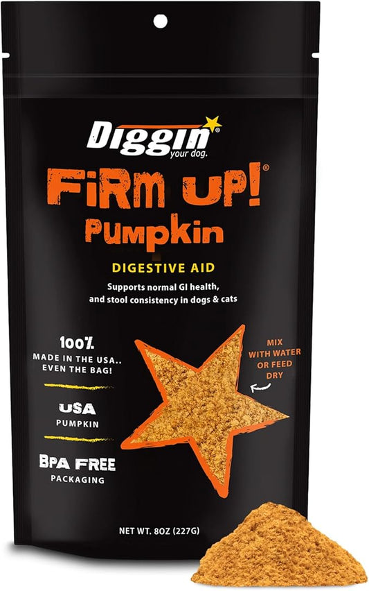 Diggin' Your Dog Firm Up! Pumpkin Bundle – Fiber Supplement with Pumpkin & Apple Fiber for Cat & Dog Digestive Support – Made in USA (Includes 16oz Bag + 1oz Trial Bar) (8oz)