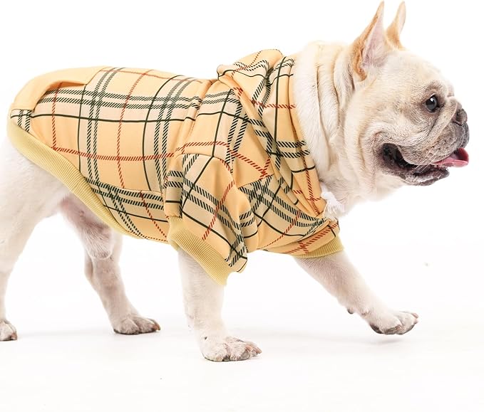 KOOLTAIL Plaid Dog Hoodie for Small Medium Large Dogs,Pet Clothes Sweater with Hat and Pocket for Cold Weather Winter, Soft&Warm Doggy Hooded Sweatshirt Coat Outfit for Puppy Cats Girls Boys Beige L