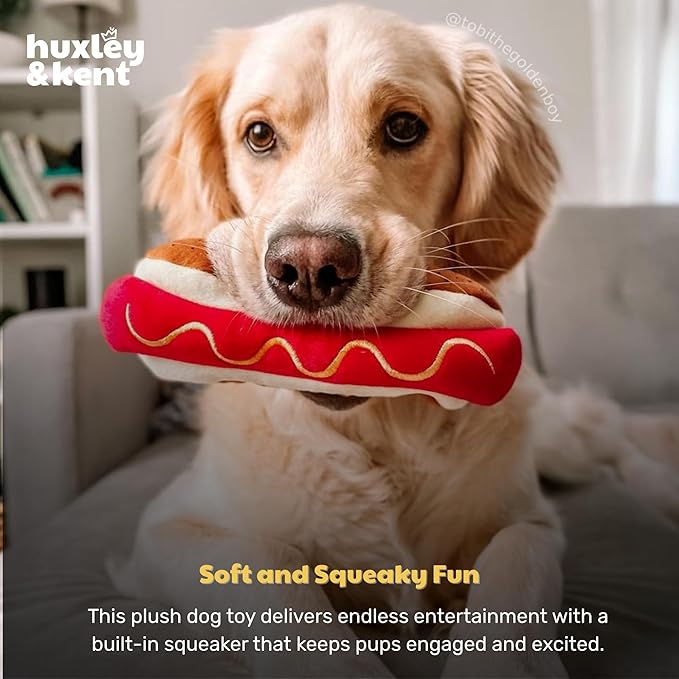 Huxley & Kent Funny Dog Toy w/Squeaker – Power Plush Squeaky Dog Toys for Small, Medium & Large Dogs – Soft Stuffed Animal for Indoor Play & Fetch - Haute Dog, Small