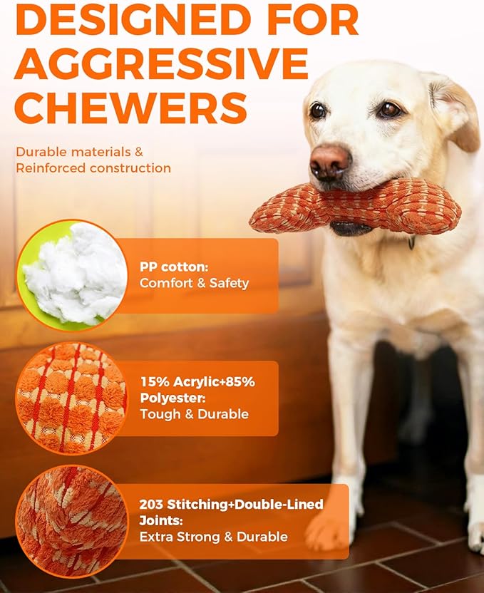 Squeaky Dog Toys for Medium Dogs, Interactive Dog Plush Toy for Aggressive Chewers, Tough Chew Gifts for Puppy Teething to Keep Them Busy and Relieve Boredom (Orange Bone)