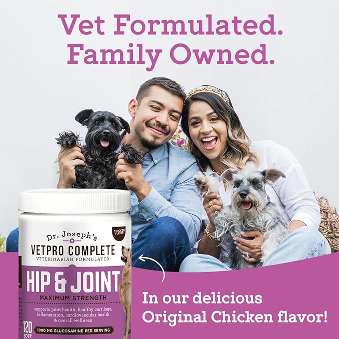Dr. Joseph's VetPro Complete Dog Hip and Joint Supplement, 120 Count, Chicken Flavored Pain and Inflammation Relief Chews with Glucosamine, Chondroitin, MSM, Turmeric, Vitamin C, Omega 3