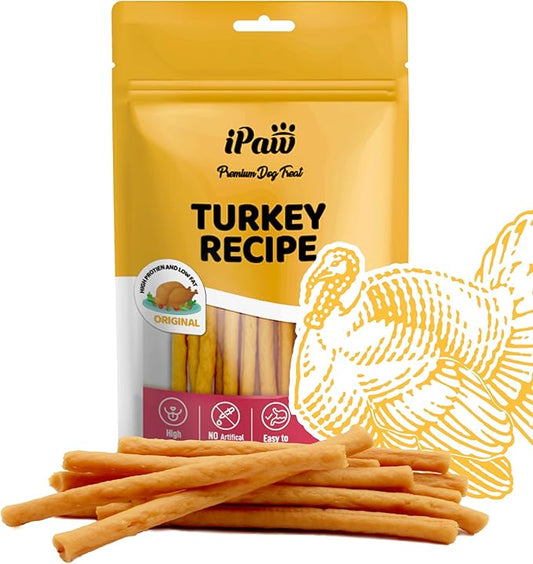iPaw Turkey Dog Treats, All Natural Human Grade Dog Treat, Suitable for Training chew, US Sourced Raw Material, Hypoallergenic, Rawhide Alternative, Thin Stick (Original)