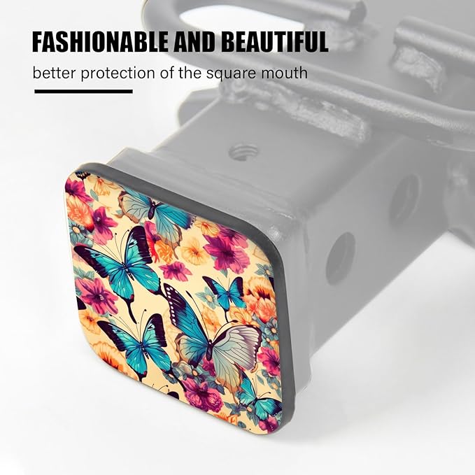 Hitch Cover Fits for 2-Inch Hitch,Blue Butterflies and Colorful Flowers Pattern Rubber Trailer Hitch Cover Tube Plug Insert,Car Exterior Accessories, Receiver Tube Hitch Plug