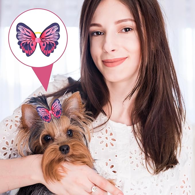 36 Pcs Small Dog Hair Bows with Rubber Bands Handmade Tiny Pet Grooming Accessories Butterfly Small Dog Knotted Bows Multicolor Pearls Flower Elastic Hair Ties Bands for Puppy Cats Pets