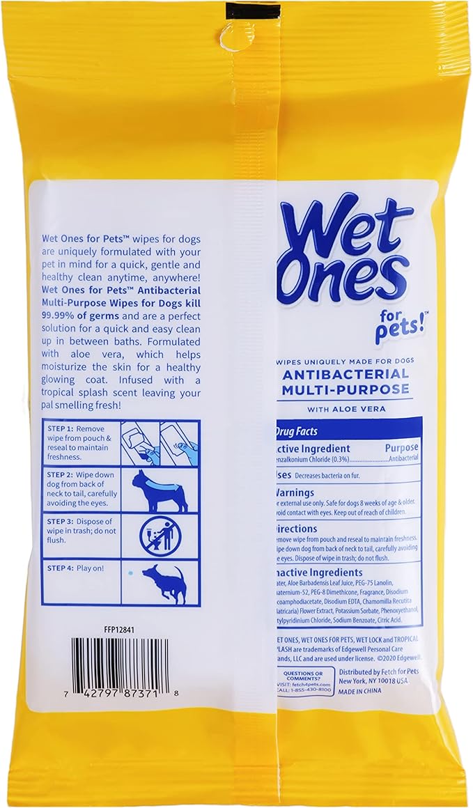 Wet Ones for Pets Multi-Purpose Dog Wipes with Aloe Vera, 30 count - 24 pack | Dog Wipes for All Dogs in Tropical Splash Scent, Wet Ones Dog Wipes with Wet Lock Seal