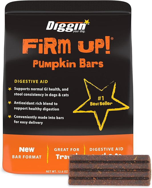 Diggin' Your Dog Firm Up Bars for Dogs & Cats, 100% Made in USA, Pumpkin Powder Bars for Dogs, Digestive Support, Apple Pectin, Fiber, Healthy Stool, 6 Count