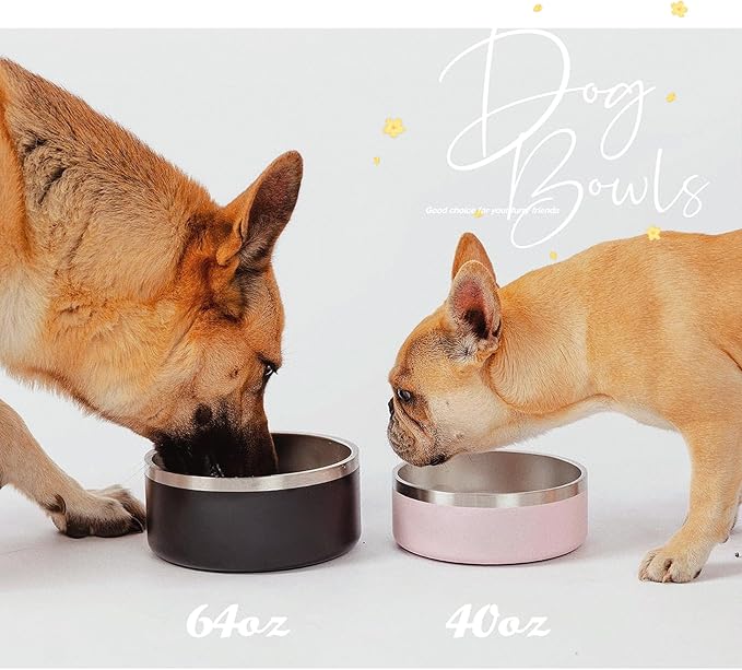 IKITCHEN Dog Bowl for Food and Water, 40 Oz Stainless Steel Pet Feeding Bowl, Durable Non-Skid Double Wall Insulated Heavy Duty with Rubber Bottom for Medium Large Sized Dogs (40 Ounces/5 Cup, Black)