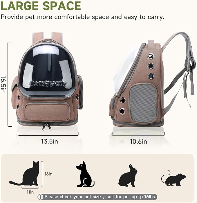 Cat Backpack Carrier, Breathable Cat Carrier Large Space Bubble Pet Backpack for Kitty Small Dog up to 15lbs, Transparent & Foldable Pet Carrier for Travel Hiking