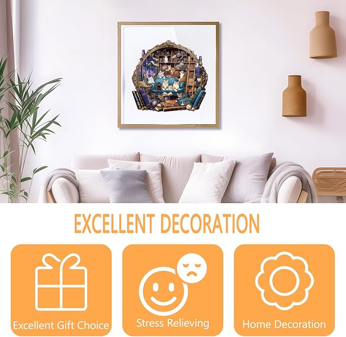 Wooden Puzzles for Adults, Cat Library Adventure Wooden Jigsaw Puzzle for Adults, Wood Puzzles Adult, Unique Shape, Presents for Friends, Wall Art Home Decor (L-13.4 * 12.6in - 255 pcs)