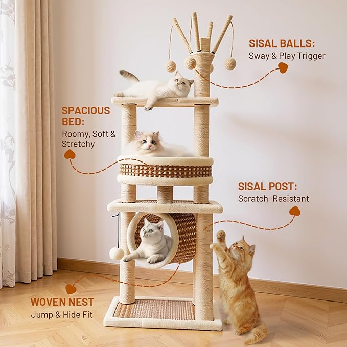 Tall Heavy Duty Rattan Cat Tree Hammock with Scratching Post,Basket,Bed,and Stand Modern Cat Climbing Tower Condo for Indoor Large Adult Cat