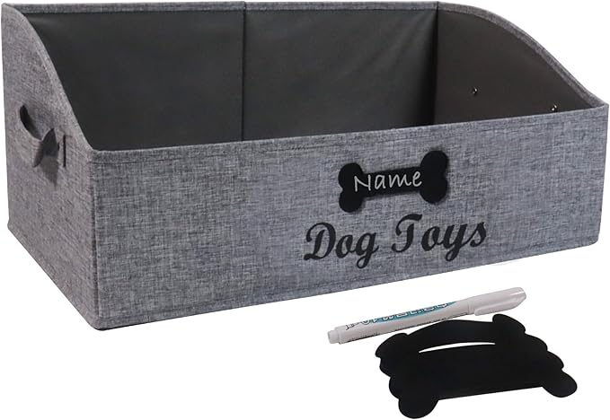 Collapsible Dog Toy Box - Fabric Storage for Toys/Blankets/Leashes - Personalizable - Gray