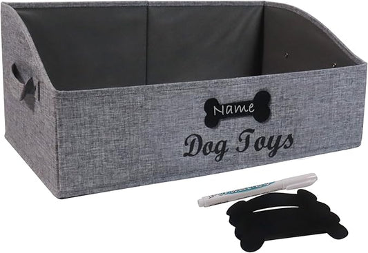 Collapsible Dog Toy Box - Fabric Storage for Toys/Blankets/Leashes - Personalizable - Gray