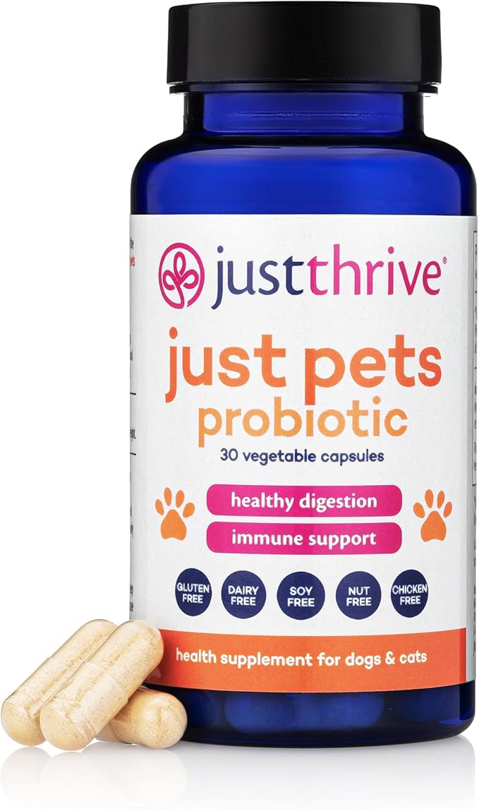 Just Thrive Just Pets Probiotic - Daily Digestive Probiotics for Dogs and Cats - 4 Billion CFUs Pet Probiotic, 30 Capsules
